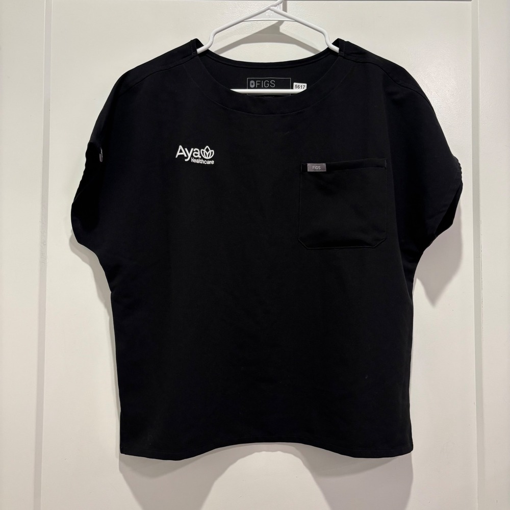 FIGS Technical Collection Scrub Top Black Aya Healthcare Logo Women Small